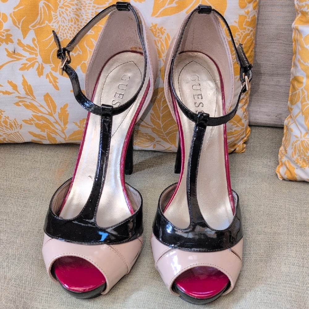 Guess Black and Cream T-Strap Heels
